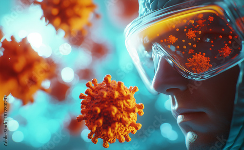 Scientist Examining Virus Particles with Protective Goggles photo