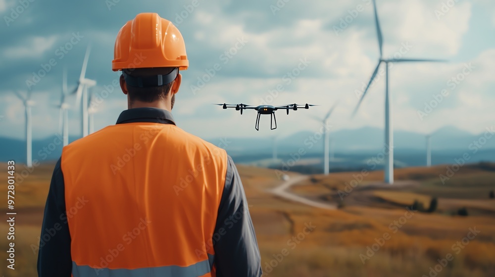 A worker observes a drone flying near wind turbines, showcasing modern technology in renewable energy landscapes. A worker observes a drone flying near wind turbines, showcasing modern technology in renewable energy landscapes.