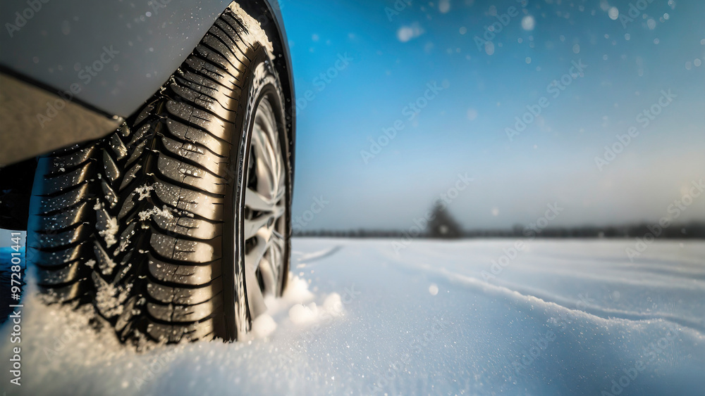 Car tires covered with snow on a snowy road. Winter driving concept
