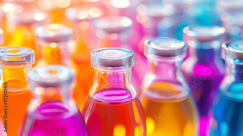 Colorful Laboratory Bottles Filled with Liquid in a Scientific Setting photo