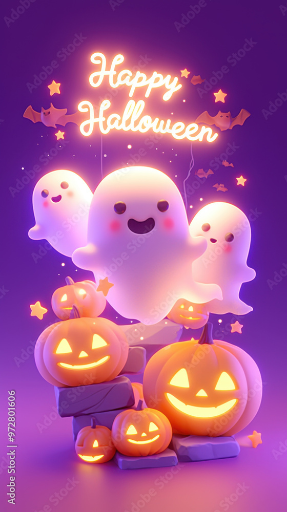 Happy ghosts and glowing pumpkins create festive Halloween scene, radiating joy and excitement. cheerful spirits and illuminated decorations bring playful atmosphere to celebration Happy ghosts and glowing pumpkins create festive Halloween scene, radiating joy and excitement. cheerful spirits and illuminated decorations bring playful atmosphere to celebration