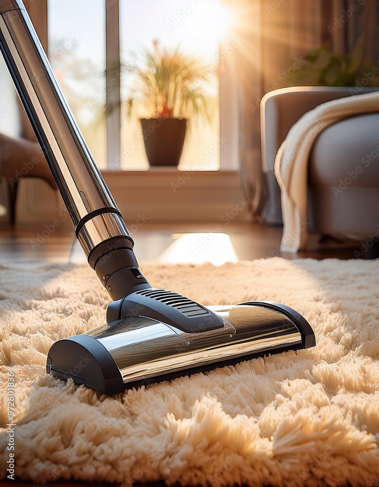 Naklejka premium Close-up of a vacuum cleaner on a fluffy carpet, showcasing home cleaning and maintenance