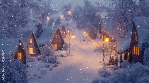 Christmas Eve in a snow-covered village, where warm street lamps light up the quaint photo