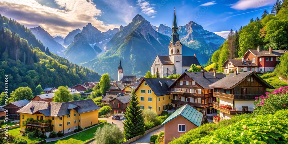 Vibrant summer scene of a picturesque Austrian village, with traditional colorful buildings, church steeple, and lush Vibrant summer scene of a picturesque Austrian village, with traditional colorful buildings, church steeple, and lush