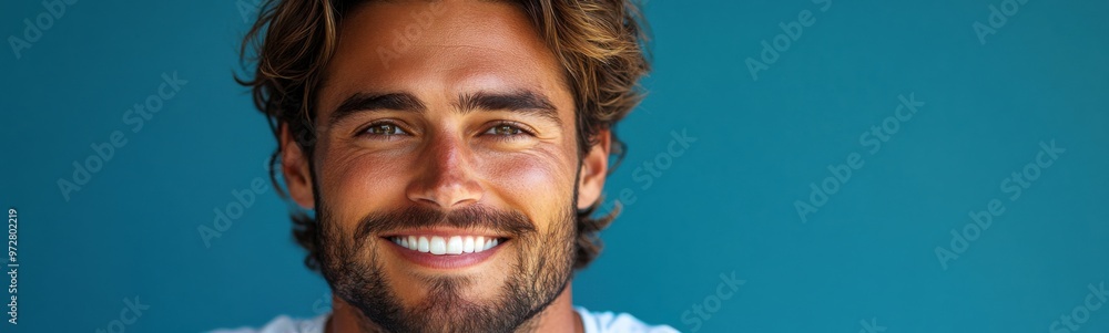 Smiling man with beard and mustache wearing white shirt against blue background Smiling man with beard and mustache wearing white shirt against blue background