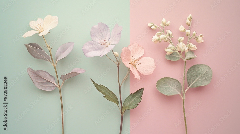 Pastel-toned botanical elements with a minimalist touch Illustrate or photograph botanical elements such as leaves, flowers, and stems in pastel tones with a minimalist approach. Use soft colors like Pastel-toned botanical elements with a minimalist touch Illustrate or photograph botanical elements such as leaves, flowers, and stems in pastel tones with a minimalist approach. Use soft colors like