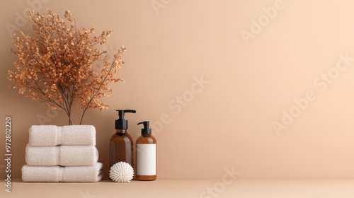 Wallpaper Mural A tranquil arrangement of bath products, towels, and decorative plants set against a warm, neutral backdrop Torontodigital.ca