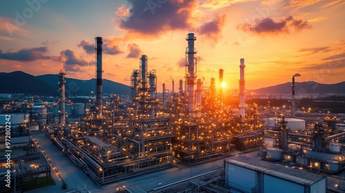 Oil refinery working at sunset, industrial background