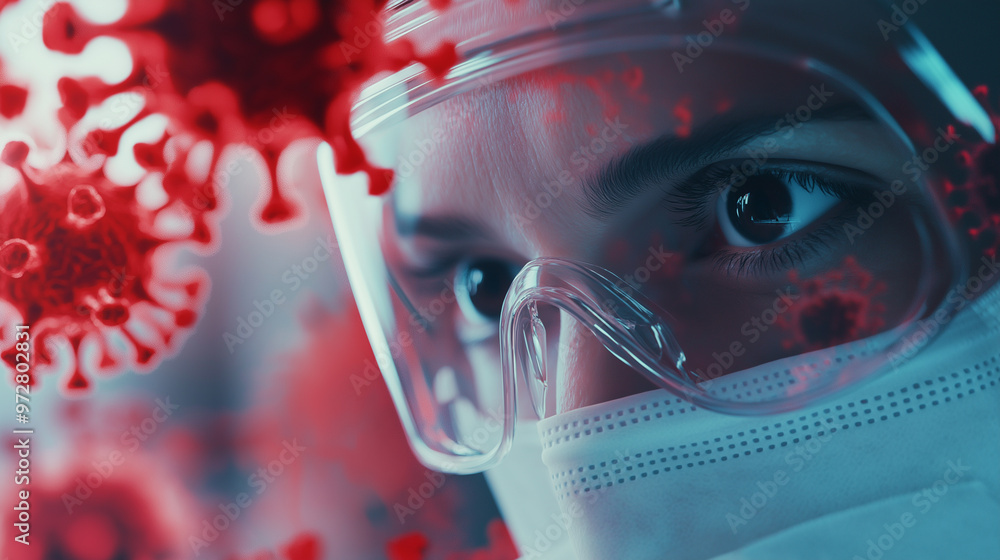 Close-up of a healthcare worker wearing protective gear examining red virus particles. Close-up of a healthcare worker wearing protective gear examining red virus particles.