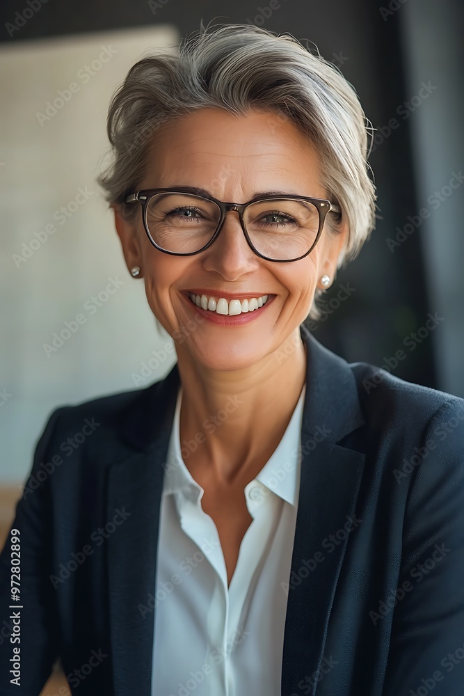 Portrait of a Smiling Woman Wearing Glasses and a Blazer Portrait of a Smiling Woman Wearing Glasses and a Blazer