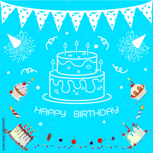 birthday cake with candles , birthday party elements.