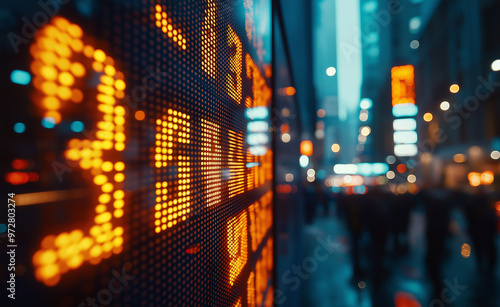 Digital stock market ticker with blurred city lights in the background. photo