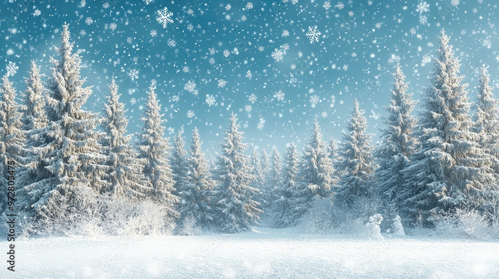Snow falling on beautiful coniferous trees in winter forest Snow falling on beautiful coniferous trees in winter forest