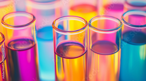 Colorful test tubes filled with liquid in a chemistry lab. photo