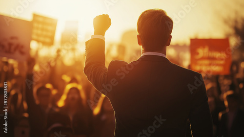 Man raising his fist in front of a crowd during a public protest. photo