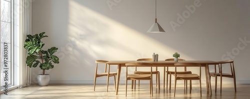 Retro-inspired dining room with teak wood table, geometric pendant lights, and minimalistic decor, teak dining set, midcentury modern furniture photo