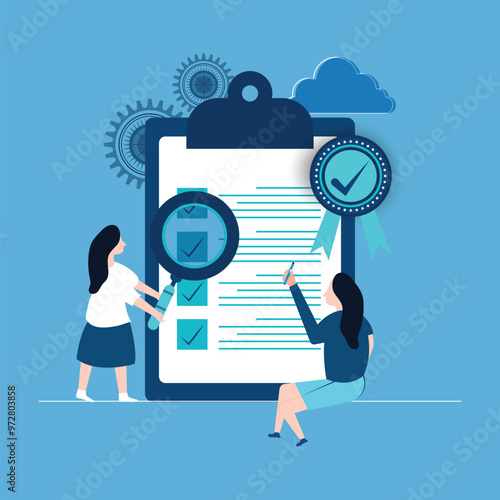 Standard, assurance checklist document, assurance concept, quality control or certified approval, company policy or compliance, business woman holding magnifying glass with standard QC badge