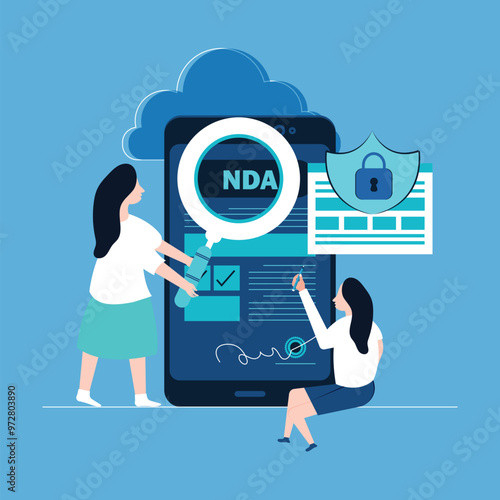 Legal restrictions, non-disclosure agreement contract or NDA concept. Vector illustration with tiny people.
