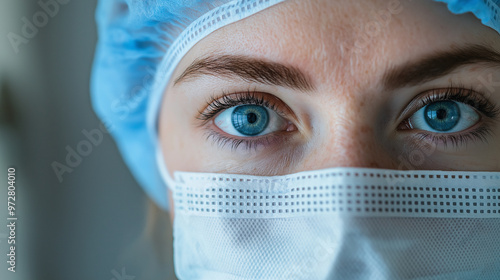 Close-up of a healthcare worker's eyes wearing a face mask and cap. photo