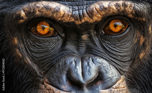 Close-up of a chimpanzee's intense amber eyes with detailed facial features. photo