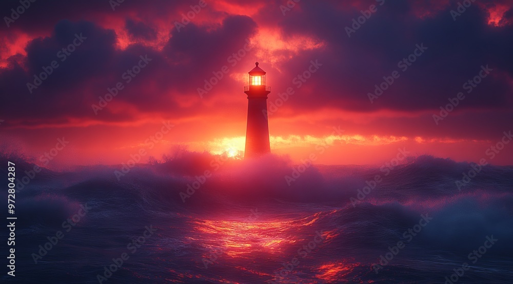 Lighthouse Amidst Tumultuous Waves at Sunset, Symbolizing Hope and Guidance. AI generated illustration Lighthouse Amidst Tumultuous Waves at Sunset, Symbolizing Hope and Guidance. AI generated illustration