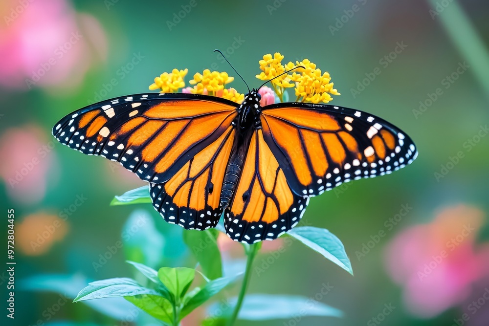 A close-up of a monarch butterfly with its orange and black wings spread, perched on a blooming flower A close-up of a monarch butterfly with its orange and black wings spread, perched on a blooming flower