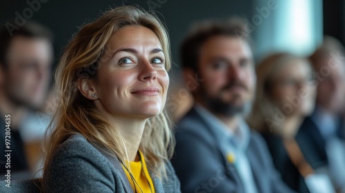 Business professionals seated in a row, attentively listening to a presentation at a conference or meeting, highlighting the focus and engagement of attendees