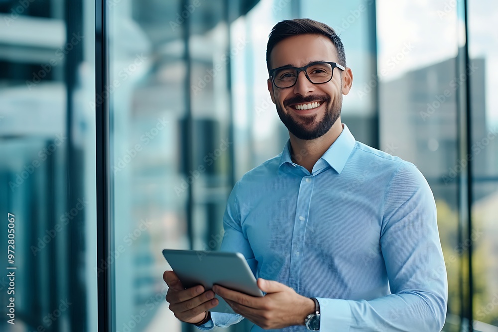 Portrait of a Smiling Man with a Tablet in an Office Setting Portrait of a Smiling Man with a Tablet in an Office Setting