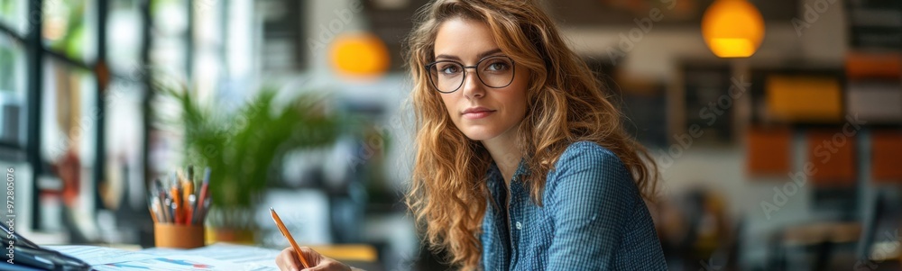 Woman with glasses sitting at a desk with a laptop and pencil, accountant profession Woman with glasses sitting at a desk with a laptop and pencil, accountant profession
