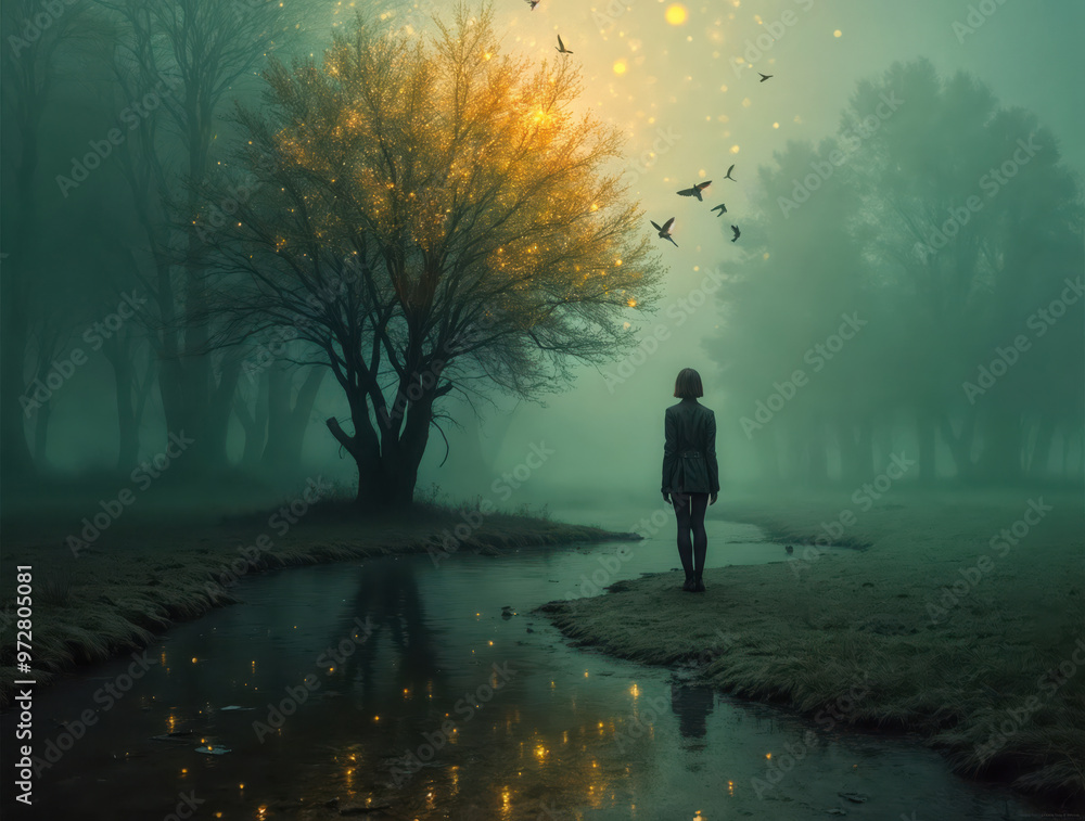 Fototapeta premium Solitary Figure Contemplates Misty Forest Landscape with Glowing Tree and Flying Birds at Dawn