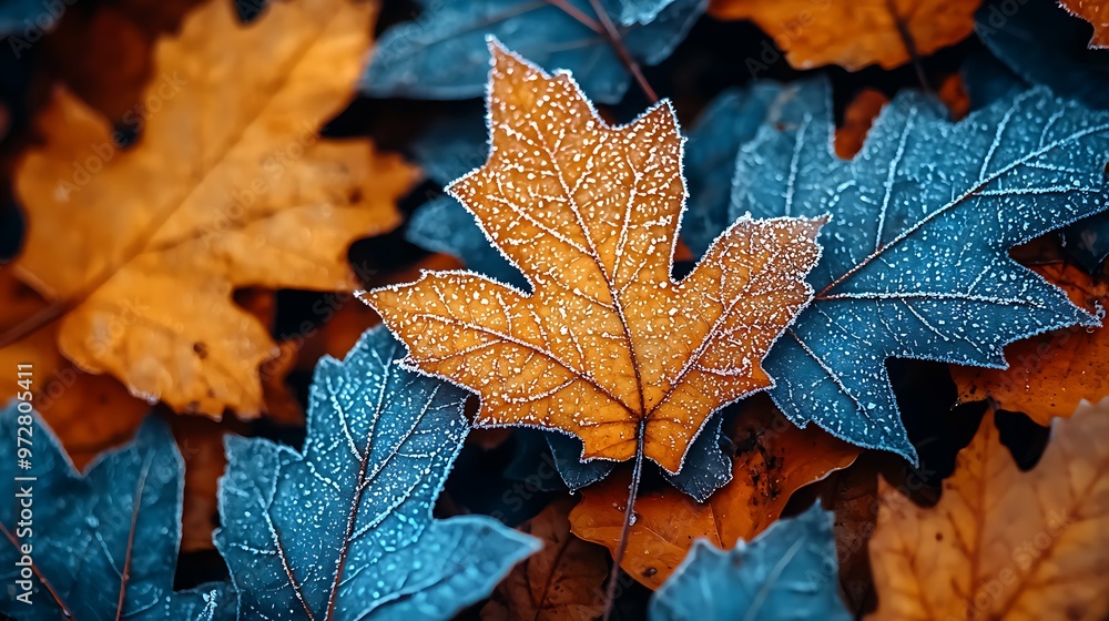 Frost-kissed autumn leaves captured in a close-up, revealing nature's delicate beauty. Frost-kissed autumn leaves captured in a close-up, revealing nature's delicate beauty.