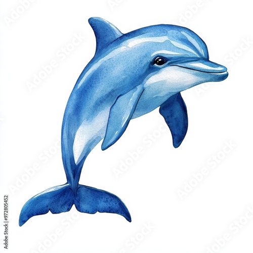 Adorable Baby Dolphin Watercolor Painting on White Background with Playful Expression and Smooth Brushstrokes. photo