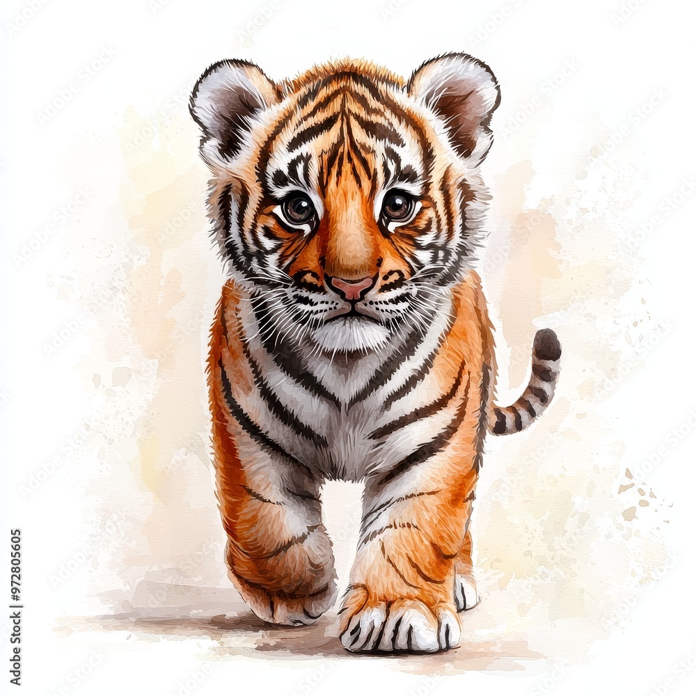 Obraz premium Adorable Watercolor Illustration of Playful Baby Tiger - Vibrant Orange and Black Stripes on White Background.