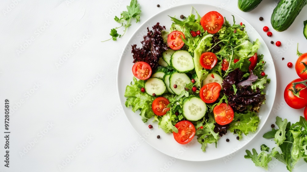 Fresh Vegetable Salad on White Plate with Colorful Vegetables - Minimalist Composition for Healthy Eating Content Fresh Vegetable Salad on White Plate with Colorful Vegetables - Minimalist Composition for Healthy Eating Content