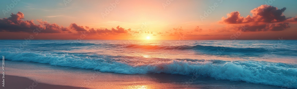 Sunset over the ocean with waves crashing on the beach