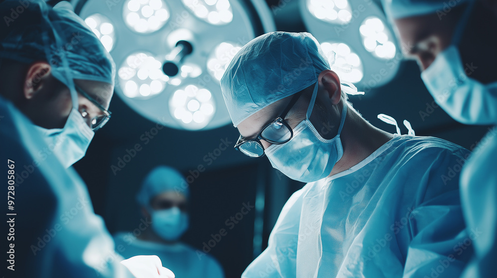 Surgeons in an operating room performing surgery under bright surgical lights, wearing scrubs and masks.
Surgeons in an operating room performing surgery under bright surgical lights, wearing scrubs and masks.