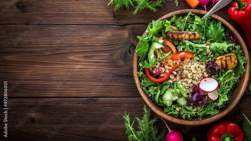 Fresh and Colorful Salad Bowl with Roasted Vegetables, Quinoa, and Fresh Ingredients on Wooden Background. Fresh and Colorful Salad Bowl with Roasted Vegetables, Quinoa, and Fresh Ingredients on Wooden Background.