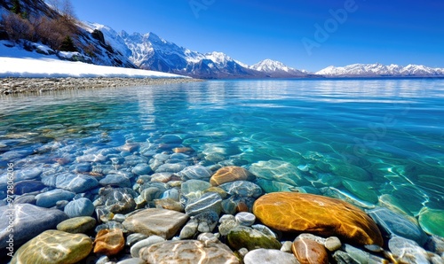 Pure Mineral Water Poster: Sparkling Waters Against Snow-Covered Mountains in Winter photo