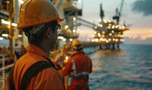 Engineers in protective gear standing on an offshore oil platform with lighting in the background.