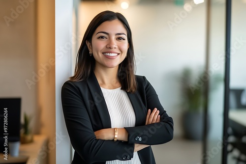 Confident Young Woman in Black Blazer with Arms Crossed in Modern Office Setting