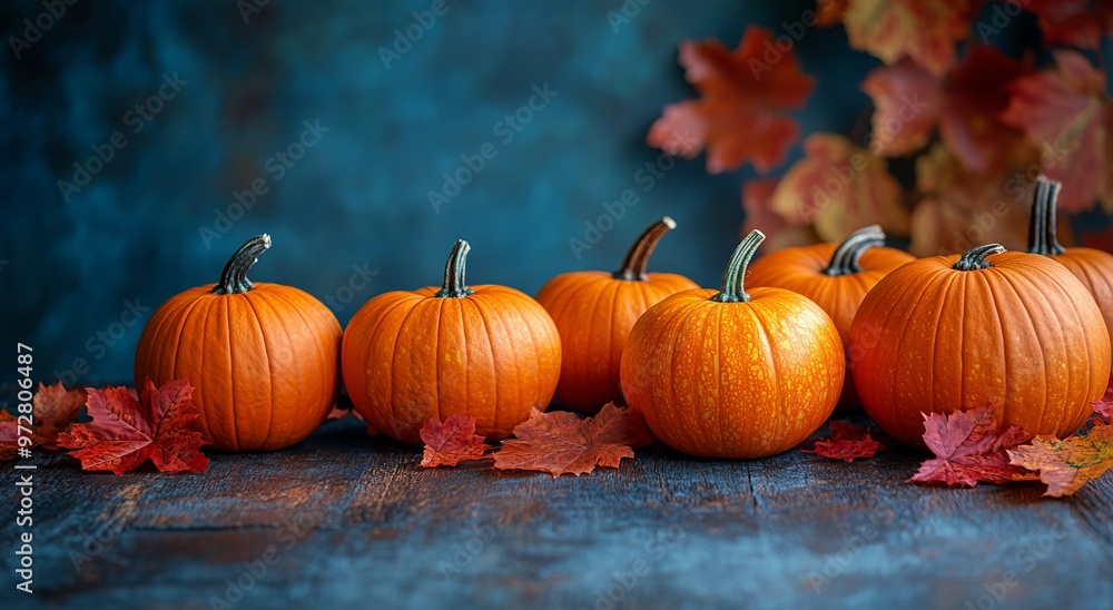 Autumn Pumpkins and Fall Leaves on Wooden Table with Blue Background. AI generated illustration. Autumn Pumpkins and Fall Leaves on Wooden Table with Blue Background. AI generated illustration.