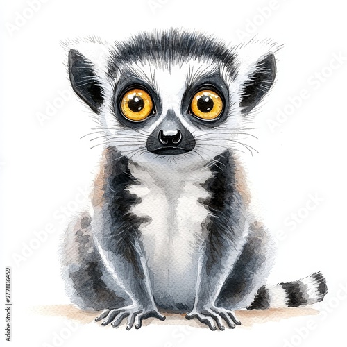 Adorable Baby Lemur Watercolor Painting with Large Eyes and Fluffy Tail on White Background.