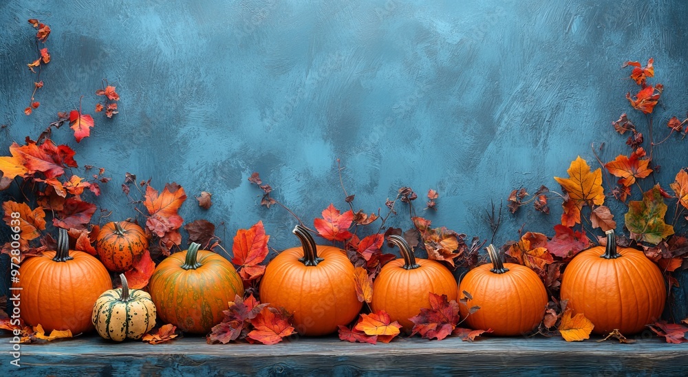 Autumn Pumpkins and Fall Leaves on Wooden Table with Blue Background. AI generated illustration. Autumn Pumpkins and Fall Leaves on Wooden Table with Blue Background. AI generated illustration.