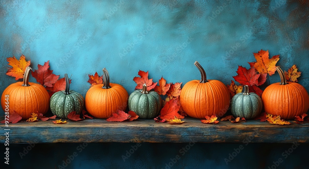 Autumn Pumpkins and Fall Leaves on Wooden Table with Blue Background. AI generated illustration. Autumn Pumpkins and Fall Leaves on Wooden Table with Blue Background. AI generated illustration.