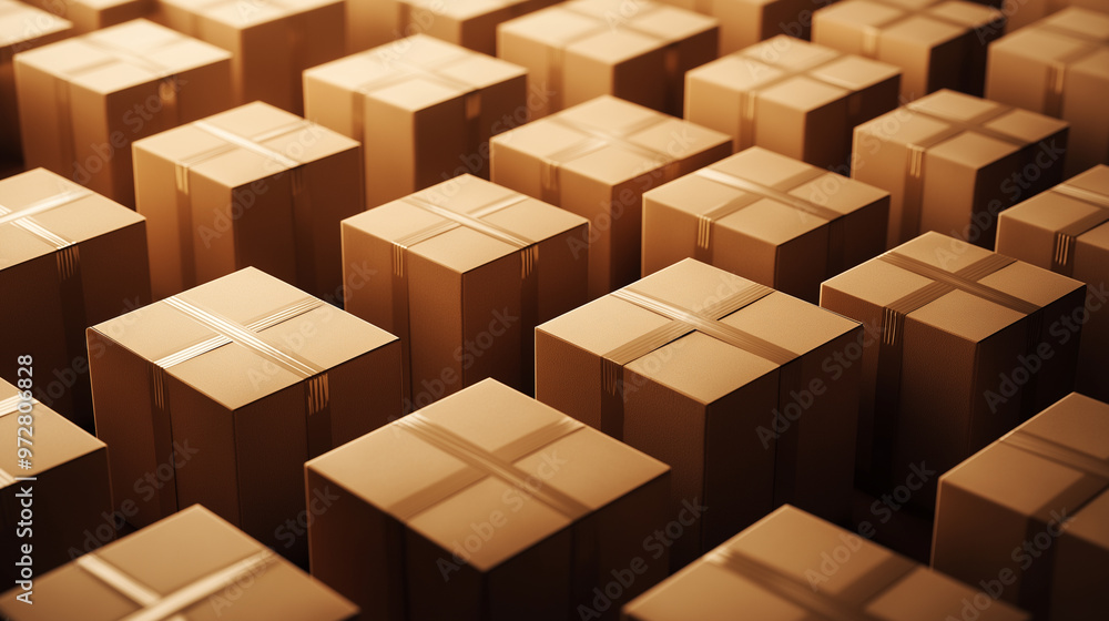 Rows of brown cardboard boxes stacked neatly in a warehouse, ready for shipping. Rows of brown cardboard boxes stacked neatly in a warehouse, ready for shipping.