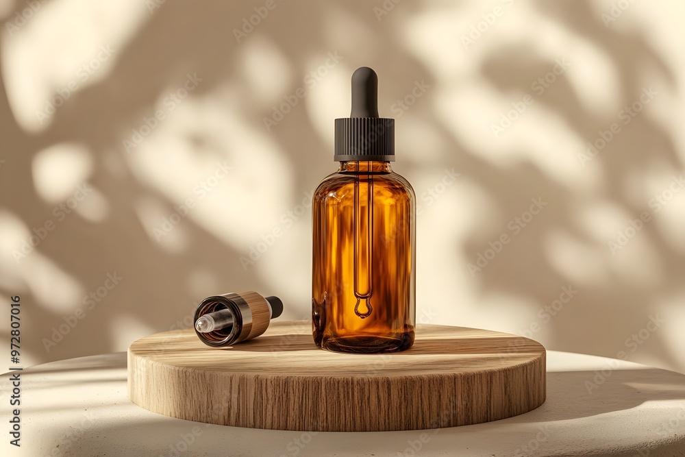 Amber Glass Bottle with Dropper on Wooden Stand Amber Glass Bottle with Dropper on Wooden Stand