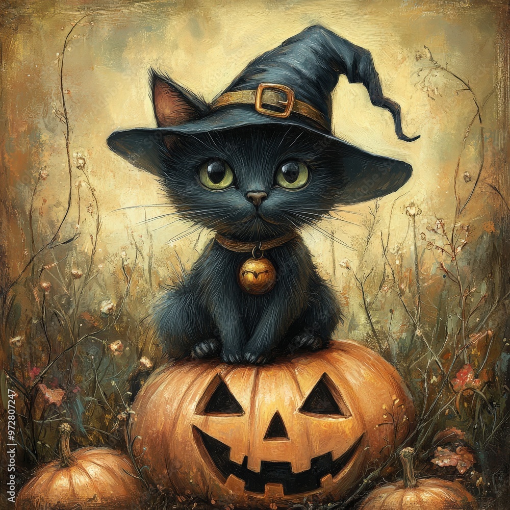 Halloween black cat with pumpkin and witch hat Halloween black cat with pumpkin and witch hat