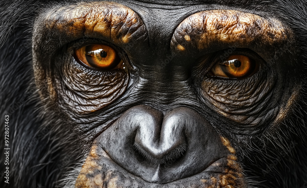 Close-up of a chimpanzee’s face with striking golden eyes, revealing detailed fur texture. Close-up of a chimpanzee’s face with striking golden eyes, revealing detailed fur texture.