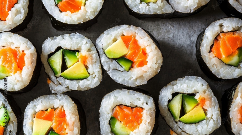 Fresh Vegetarian Sushi Rolls with Avocado and Cucumber from Above Fresh Vegetarian Sushi Rolls with Avocado and Cucumber from Above