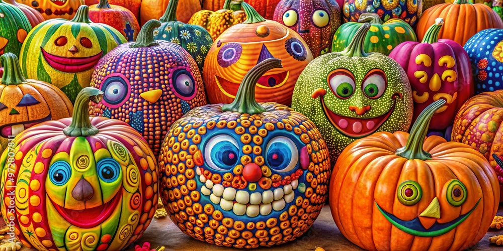 * bold playful pumpkin designs with bright colors happy smiling faces intricate details whimsical concepts * bold playful pumpkin designs with bright colors happy smiling faces intricate details whimsical concepts